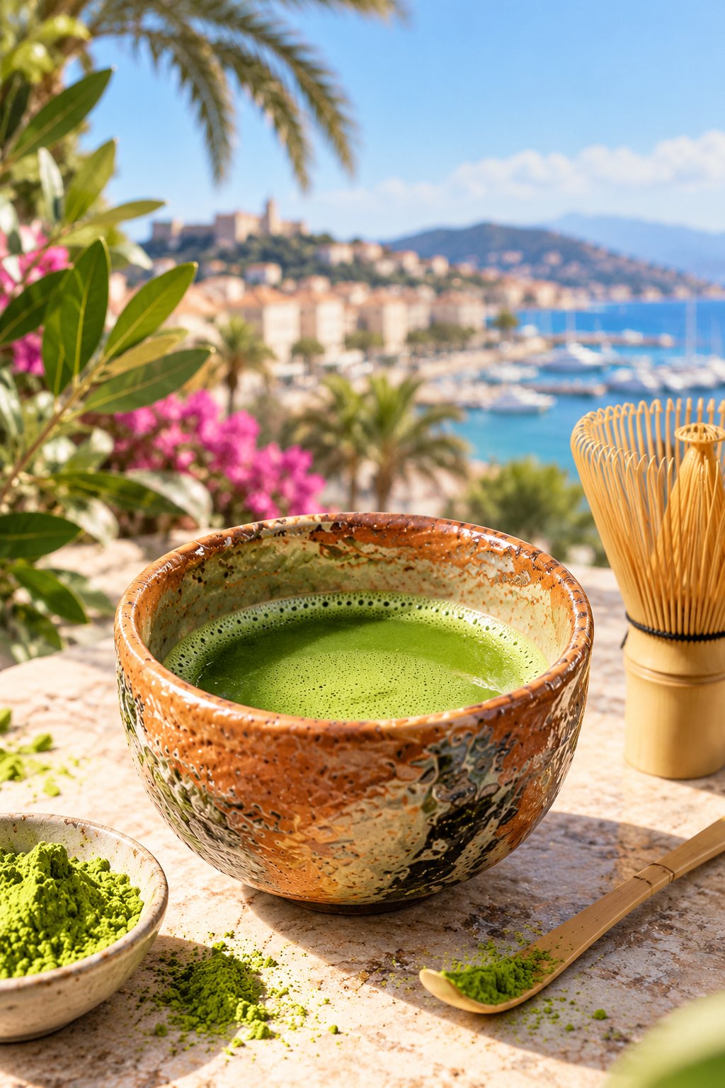 Bol de matcha au soleil, face à la baie de Cannes et au Suquet