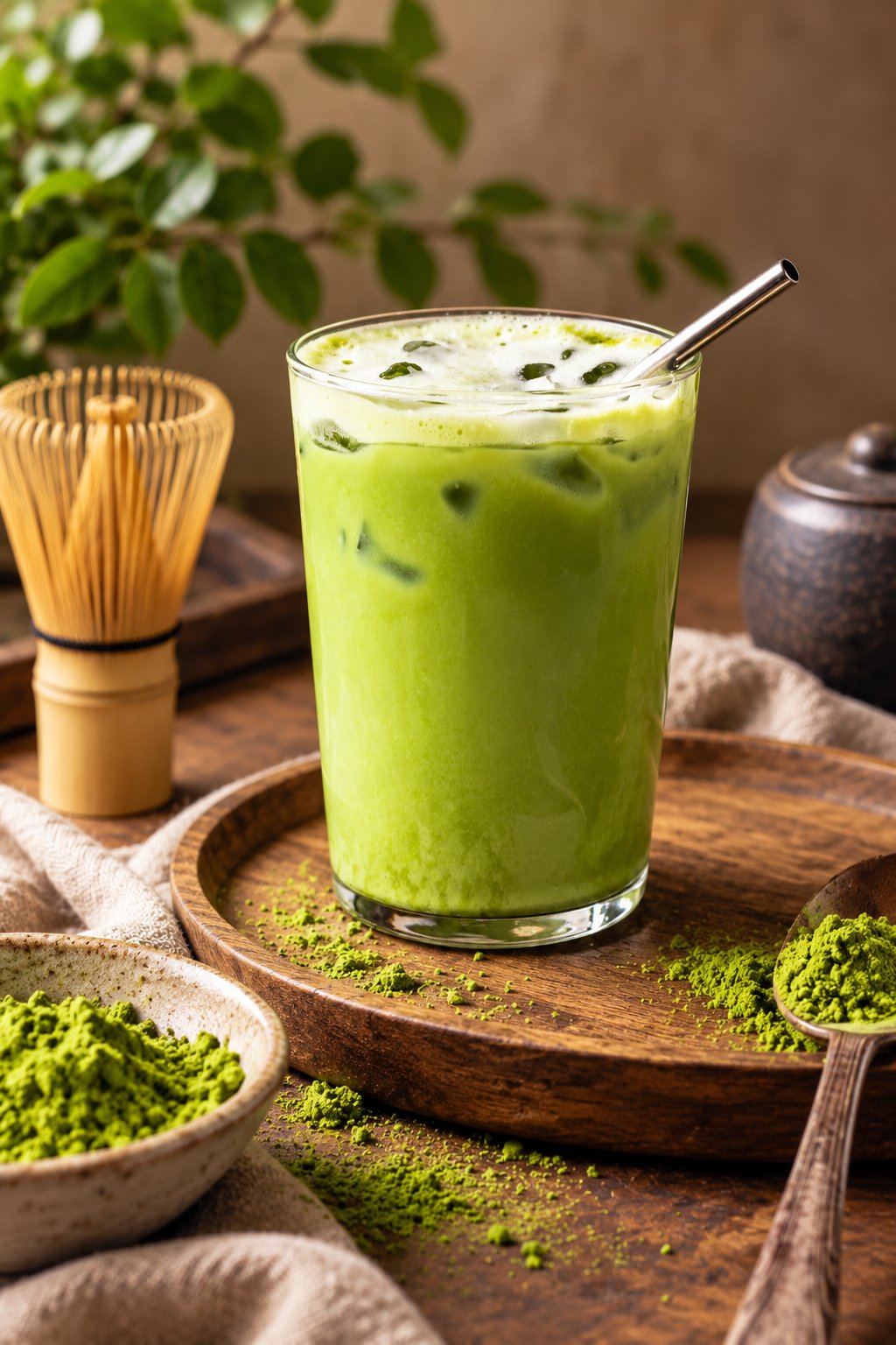Iced matcha latte dans un grand verre avec glaçons et paille en inox