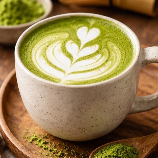 Matcha latte avec dessin de mousse dans une tasse en céramique